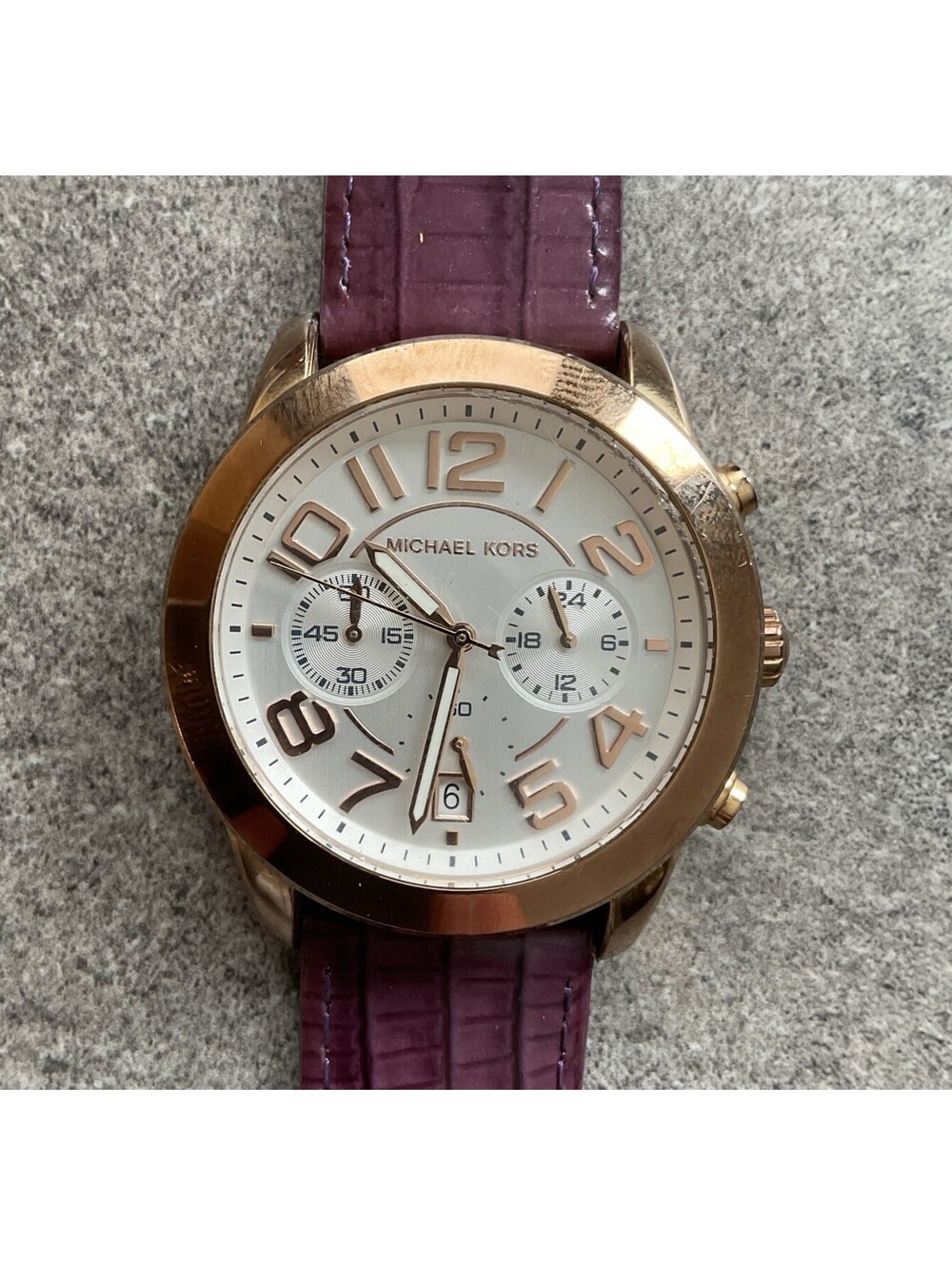 Michael Kors Womens Chronograph Watch 41mm Rose Gold Tone Case Purple Band D2